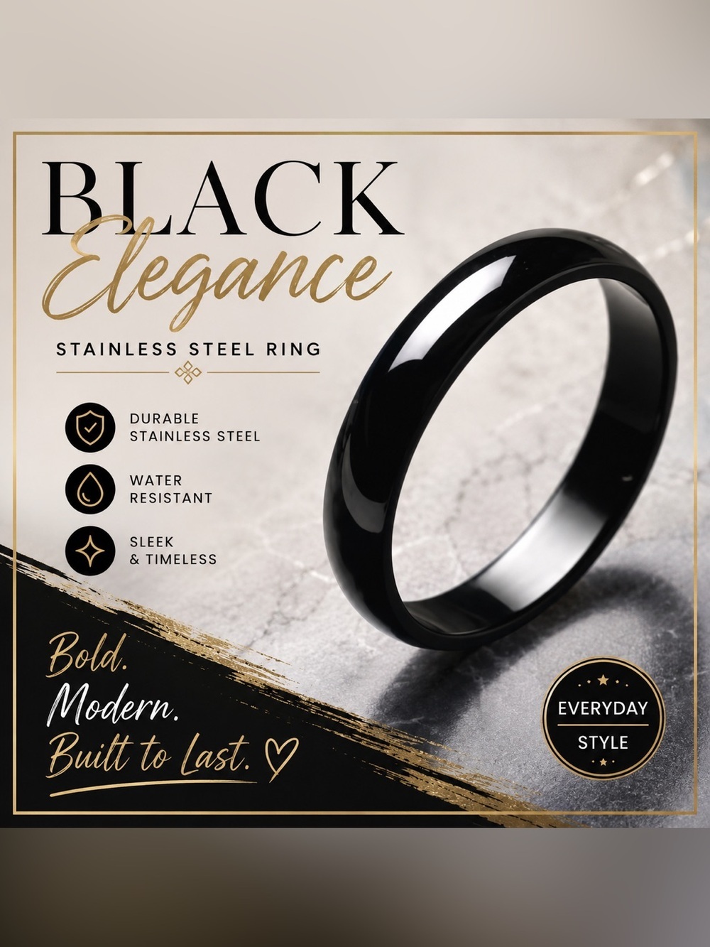Black Stainless Steel Band Ring | Sleek Minimalist Unisex Jewelry Size 10